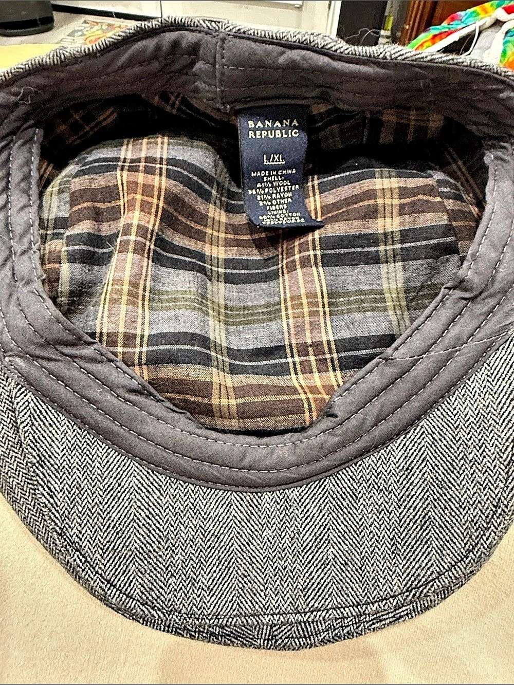 Banana Republic Herringbone Wool Blend Newsboy Flat Cap Gray & Black L/XL